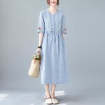 Robe en lin et coton pour femme mode avec cordon de serrage mi - longue  volants dcontracte t bleu ...