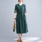 Robe en lin et coton pour femme mode avec cordon de serrage mi - longue  volants dcontracte t vert ...