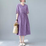 Robe en lin et coton pour femme mode avec cordon de serrage mi - longue  volants dcontracte t violet ...