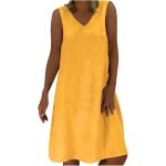 Robe en lin dt pour femme couleur unie jaune sans manches dcontracte