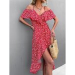 Robe longue asymtrique  fleurs pour femmes modle dt paule dnude lgante bretelles rouge