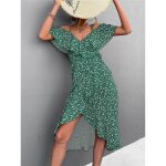 Robe longue asym�trique � fleurs pour femmes mod�le d�t� �paule d�nud�e �l�gante bretelles vert