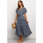 Robe longue bohème femme - zp - bleu - col v - manches courtes - Été Robe longue bohème femme - zp - bleu - col v - manches courtes - Été