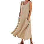 Robe longue chic femme - a - line dress ample fluide decontracte sundress - kaki
