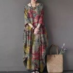 Robe longue en coton  imprim floral pour femme surdimensionn dcontract et lgant  manches longues ...