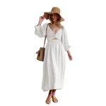 Robe longue de couleur unie pour femmes col en v taille haute vtements de printemps et dt blanc