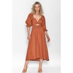 Robe longue de couleur unie pour femmes col en v taille haute v�tements de printemps et d�t� marron