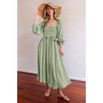 Robe longue de couleur unie pour femmes col en v taille haute vêtements de printemps et dété vert Robe longue de couleur unie pour femmes col en v taille haute vêtements de printemps et dété vert