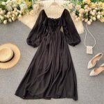 Robe longue élégante à encolure carrée robe en mousseline de soie de couleur unie pour femmes robe vintage ... Robe longue élégante à encolure carrée robe en mousseline de soie de couleur unie pour femmes robe vintage ...
