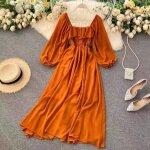 Robe longue lgante  encolure carre robe en mousseline de soie de couleur unie pour femmes robe vintage ...