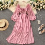 Robe longue lgante  encolure carre robe en mousseline de soie de couleur unie pour femmes robe vintage ...