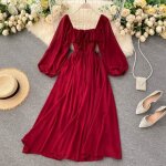 Robe longue lgante  encolure carre robe en mousseline de soie de couleur unie pour femmes robe vintage ...