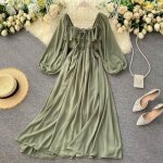 Robe longue lgante  encolure carre robe en mousseline de soie de couleur unie pour femmes robe vintage ...