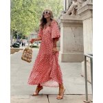 Robe longue elégante à manches bouffantes pour femme motif floral décontracté col en v eté rouge Robe longue elégante à manches bouffantes pour femme motif floral décontracté col en v eté rouge