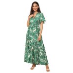 Robe longue évasée - non spécifié - vert - motif fleurs aquarelles - taille smockée - volant en bas Robe longue évasée - non spécifié - vert - motif fleurs aquarelles - taille smockée - volant en bas