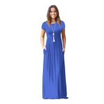 Robe longue femme ete manches courtes col rond casual robe couleur unie avec poches - bleu Robe longue femme ete manches courtes col rond casual robe couleur unie avec poches - bleu