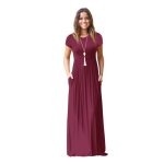 Robe longue femme ete manches courtes col rond casual robe couleur unie avec poches - bordeaux