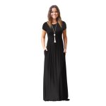 Robe longue femme ete manches courtes col rond casual robe couleur unie avec poches - noir Robe longue femme ete manches courtes col rond casual robe couleur unie avec poches - noir