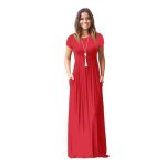 Robe longue femme ete manches courtes col rond casual robe couleur unie avec poches - rouge
