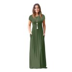 Robe longue femme ete manches courtes col rond casual robe couleur unie avec poches - vert