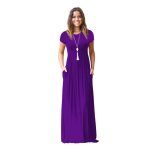 Robe longue femme ete manches courtes col rond casual robe couleur unie avec poches - violet Robe longue femme ete manches courtes col rond casual robe couleur unie avec poches - violet