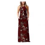 Robe longue femme imprim sans manches col rond robe ete dcontracte avec poches - bordeaux