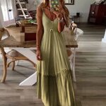Robe longue femmes mode fminine grande taille imprim dgrad sans manches col en v longue lche jaune ...