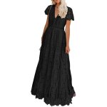 Robe longue femme - le noir - en dentelle - manches courtes transparentes - taille lastique