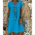 Robe longue femme v col mi - longue de marque manches courte robe dété femme couleur unie - bleu Robe longue femme v col mi - longue de marque manches courte robe dété femme couleur unie - bleu