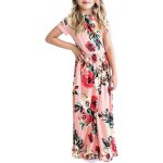 Robe longue fille - imprim� fleur - �t� - rose