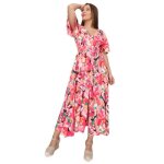 Robe longue fleurie avec taille smock�e. dot�e de 5 boutons d�coratifs en dessous du d�collet�. mod�le ...