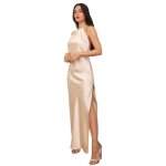 Robe longue - marque inconnue - satine - dos crois - fente latrale - beige