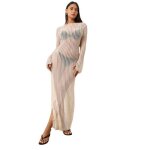 Robe longue avec manches fendues et �vas�es. mod�le en maille transparente et rayures brod�es ton - sur ...