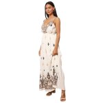 Robe longue � motifs brod�s. coupe fluide et volant�e. dos smock� et dot�e de bretelles r�glables. pour ...