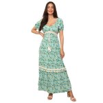 Robe longue � motif floral et crochet sous le buste. mod�le � manches ballons et pompons sur le jupon. ...