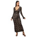 Robe longue en dentelle. manches festonnes et vases. pour femme - robes - la modeuse