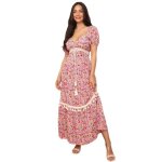 Robe longue - non spcifi - modle  fleurs - dtails en crochet - manches ballons - pompons dcoratifs ...