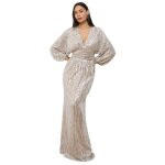Robe longue  sequins avec manches bouffantes. cintre  la taille avec dcollet v plongeant. pour femme ...