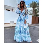 Robe longue de plage pour femmes tunique col en v dos nu ajour manches lanternes soire t bleu