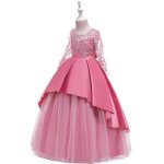 Robe longue princesse fille de soire en tulle manches longues robe crmonie couleur unie - rose