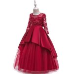 Robe longue princesse fille de soirée en tulle manches longues robe cérémonie couleur unie - rouge Robe longue princesse fille de soirée en tulle manches longues robe cérémonie couleur unie - rouge