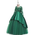 Robe longue princesse fille de soire en tulle manches longues robe crmonie couleur unie - vert