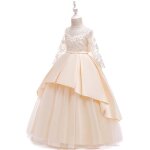 Robe longue princesse fille de soire en tulle manches longues - marque - couleur unie champagne