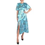 Robe longue en satin bleu � motif floral john zack