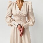 Robe longue en satin  simple boutonnage pour femme tenue de soire lgante taille haute manches bouffantes ...