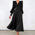 Robe longue en satin  simple boutonnage pour femme tenue de soire lgante taille haute manches bouffantes ...