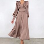 Robe longue en satin  simple boutonnage pour femme tenue de soire lgante taille haute manches bouffantes ...