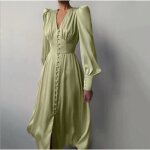 Robe longue en satin  simple boutonnage pour femme tenue de soire lgante taille haute manches bouffantes ...