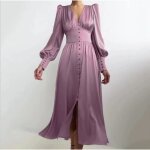 Robe longue en satin  simple boutonnage pour femme tenue de soire lgante taille haute manches bouffantes ...
