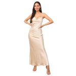 Robe longue satin�e et moulante � col b�nitier. mod�le � fines bretelles r�glables et boutons dans le ...